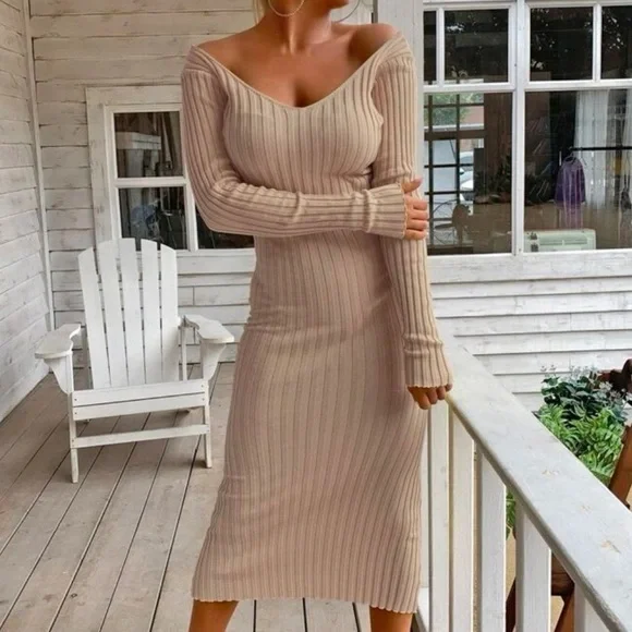 Kathy Ribbed Knit Long Sleeve Midi Sweater Dress - Picture 1 of 7